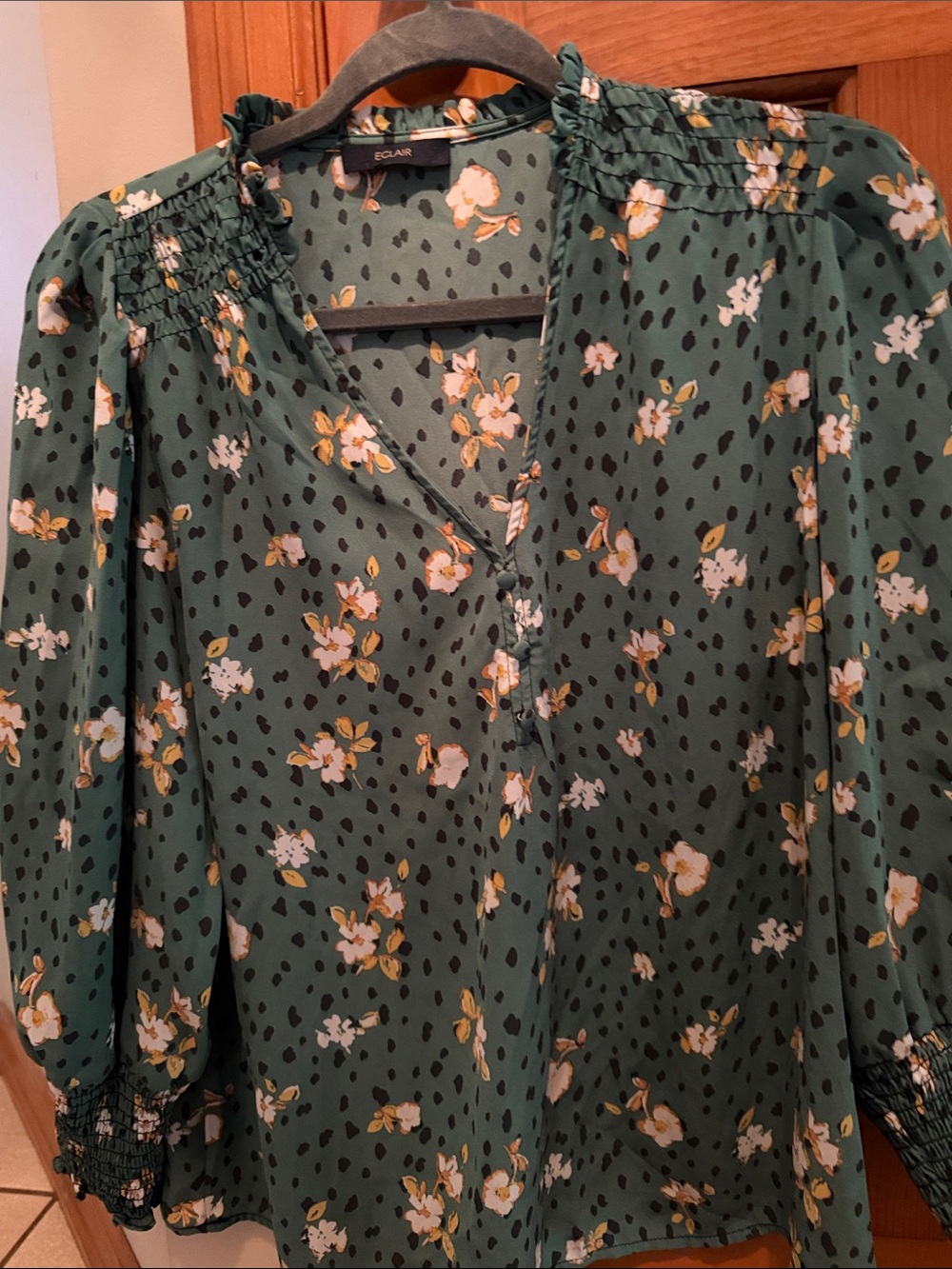 Eclair Green Floral V-Neck Smocked Blouse